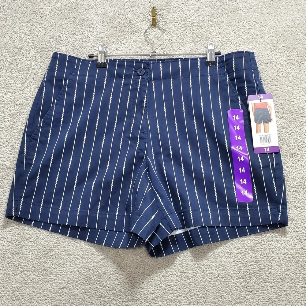 Nautica Shorts Women's 14 Navy Blue Mid Rise Twill Striped Lined Chino‎ Nautical